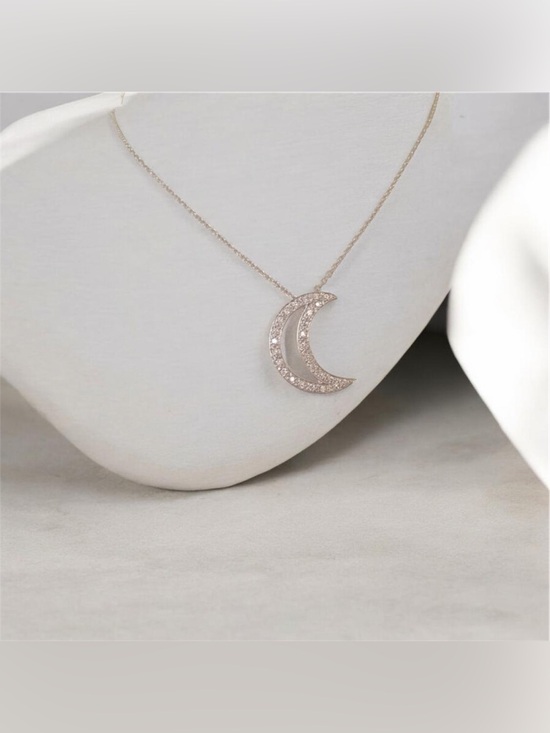 Jewelry - .925 Sterling Silver Pave CZ Crescent‎ Moon Necklace